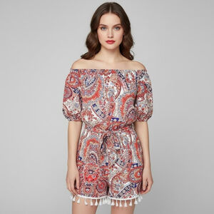 Women's Medium Red Blue Paisley Off Shoulder Shorts Romper Tassles